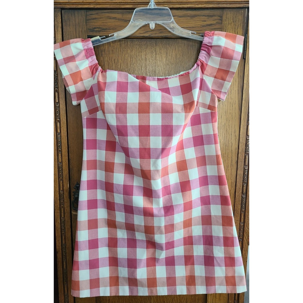 Elorie Pink Orange Gingham Mini Dress Square Neck Puff Sleeve Size 2 Made in NYC